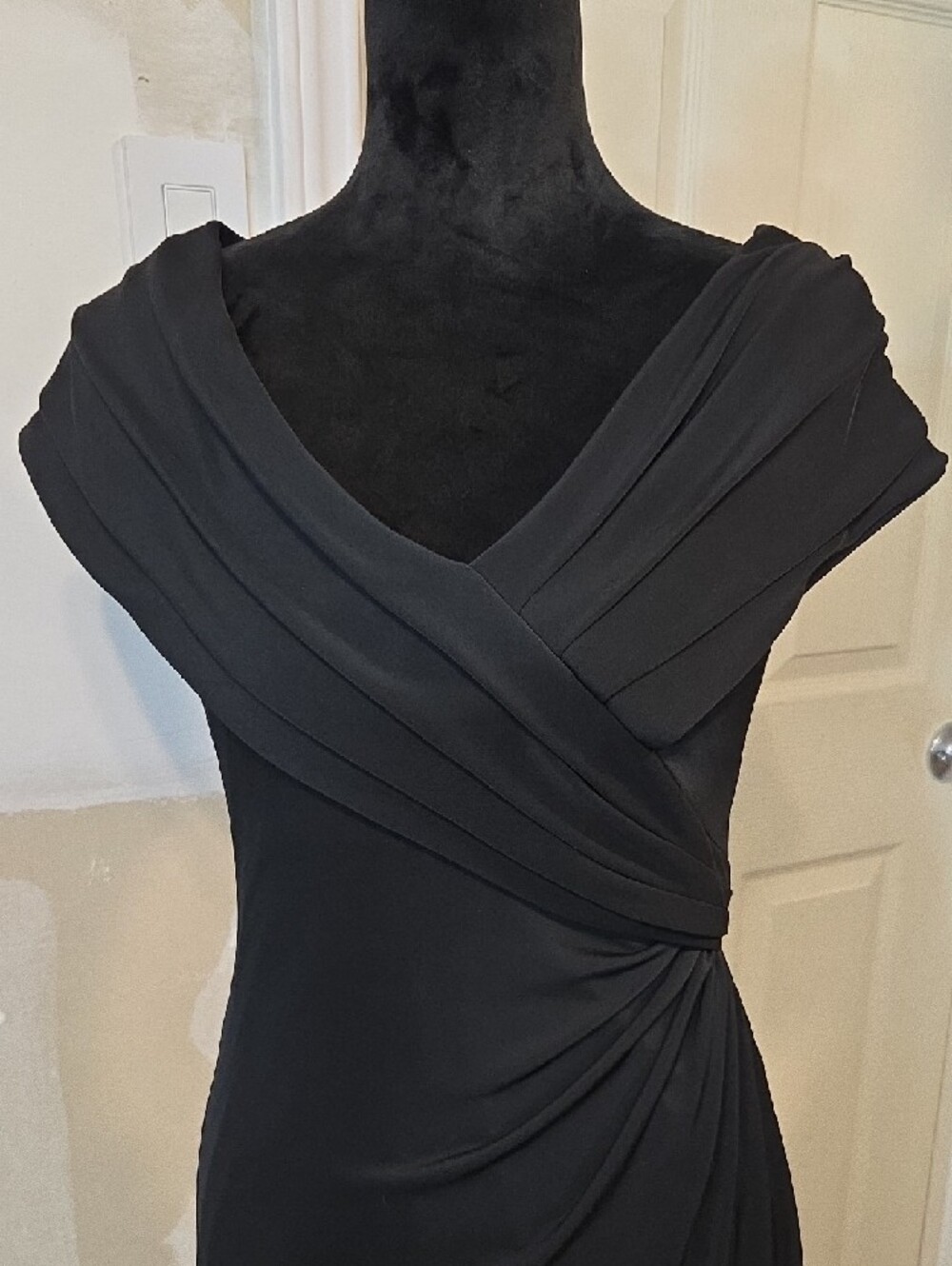 TADASHI Black Draped Maxi Dress Side Knot Crossed Bodice Short Sleeve Elegant - Picture 2 of 12
